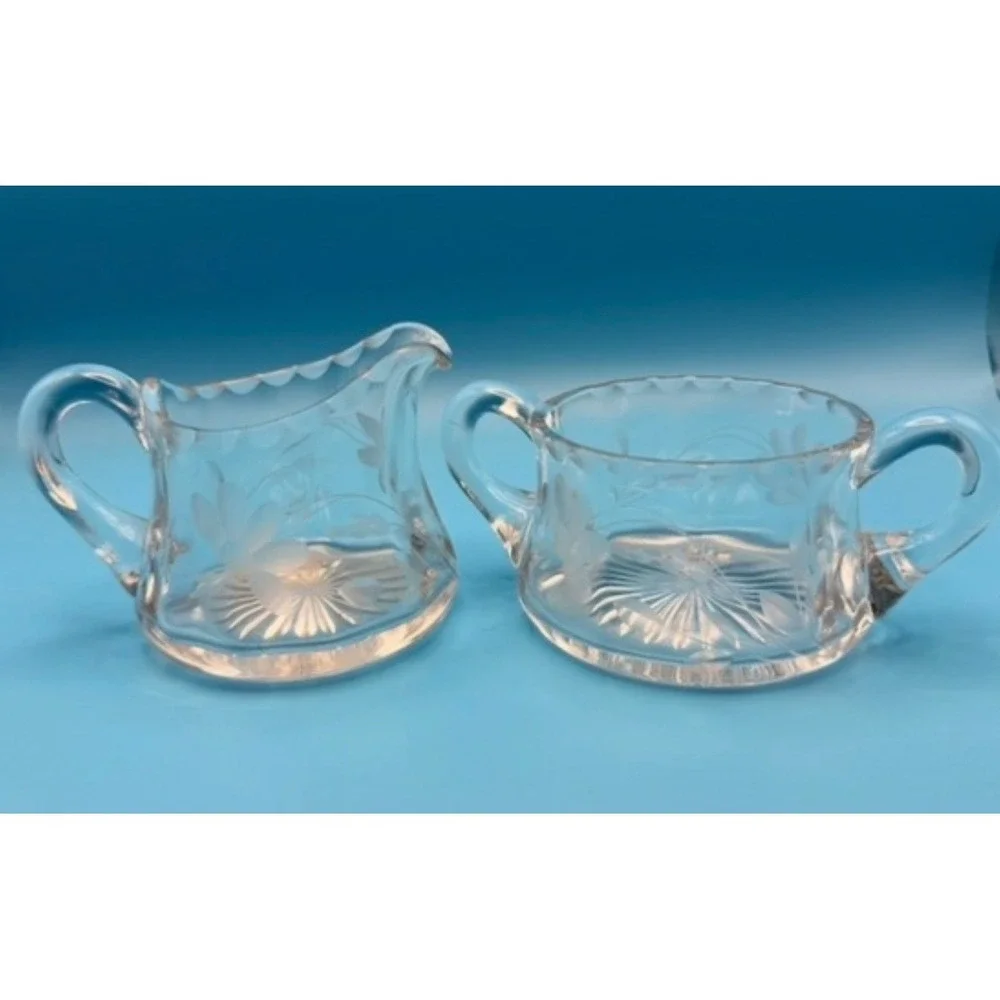 Vintage Etched Glass Creamer and Sugar Bowl Set Manganese Glow Starburst Base